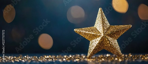 Glittering gold star decoration for festivals with bokeh background and space for creative text or holiday messages.