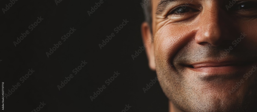 Smiling man portrait on a dark background with ample copy space for text and branding purposes. Smiling man portrait on a dark background with ample copy space for text and branding purposes.