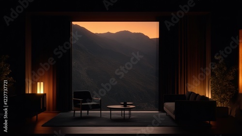 Serene Modern Living Room Overlooking Mountain Landscape at Sunset with Warm Ambient Lighting and Contemporary Decor