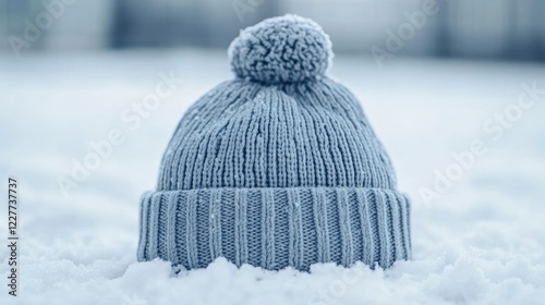 Cozy winter beanie hat resting on a snowy surface with ample empty space for text ideal for seasonal promotions and advertisements photo