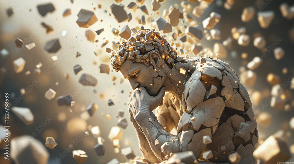 Marble statue of a man thinking ,artistically broken and fragmented, explosion of pieces suspended in the air and light beams shining through the gaps Marble statue of a man thinking ,artistically broken and fragmented, explosion of pieces suspended in the air and light beams shining through the gaps