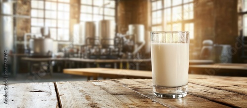 Fresh milk glass on wooden table with dairy factory background showcasing milk processing and ample space for text placement