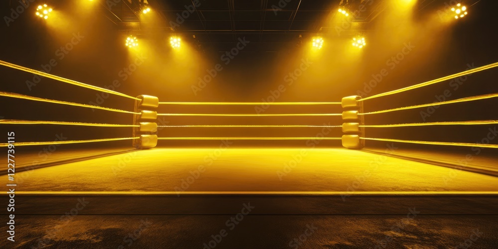 Empty boxing ring illuminated by yellow lights in a spacious arena with ample copy space for promotional text or graphics.