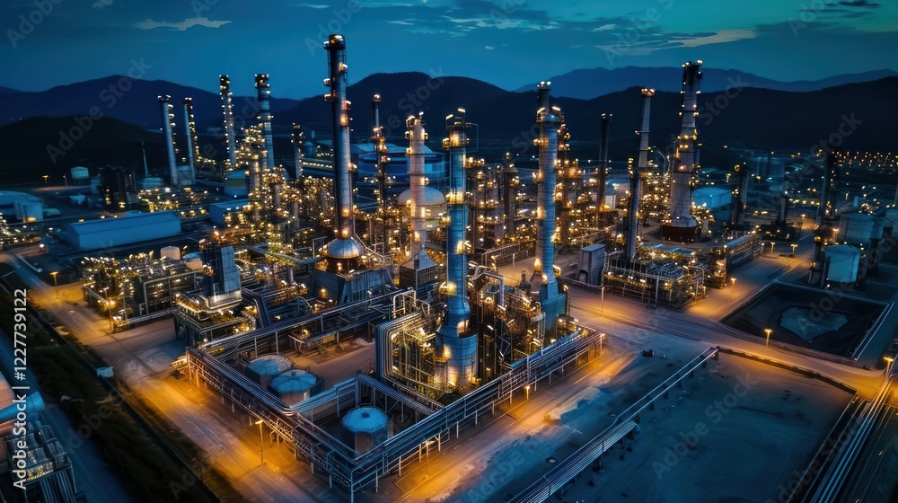 Fototapeta premium Aerial view of a bustling industrial complex at dusk, illuminated by bright lights against a mountain backdrop