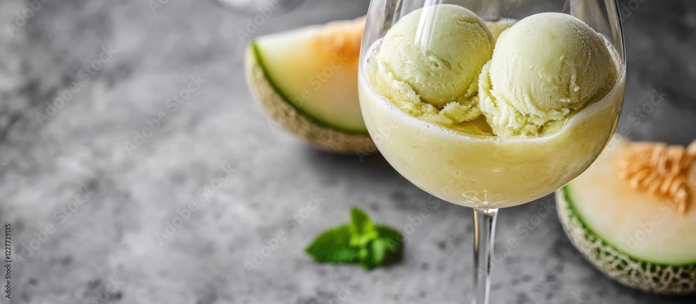 Refreshing white wine with homemade melon ice cream garnished with mint leaves on a textured background ideal for seasonal promotions. Refreshing white wine with homemade melon ice cream garnished with mint leaves on a textured background ideal for seasonal promotions.