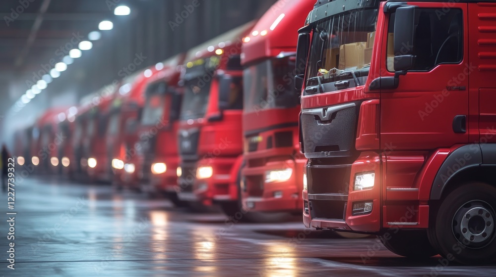 Fototapeta premium Fleet of Delivery Trucks Lined Up in Industrial Logistics Facility