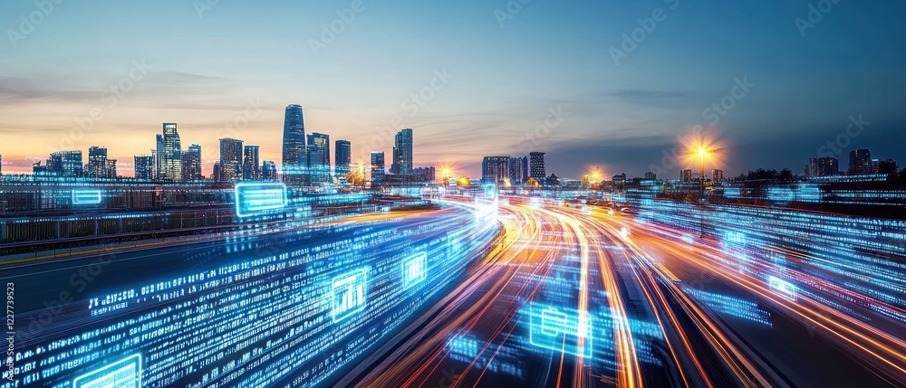 Fototapeta premium City skyline at dusk with light trails and digital data