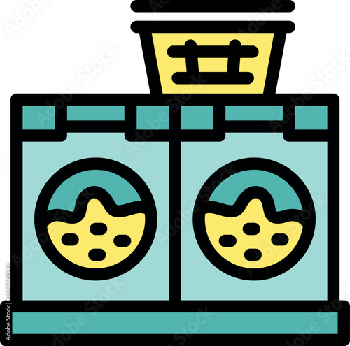 Two washing machines with laundry basket and soap powder, representing launderette equipment for washing clothes
