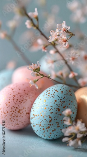 easter decorations with pastel colored eggs and cherry blossom branches. photo