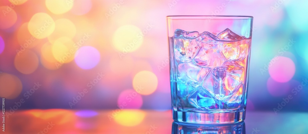 Glass Refraction with Colorful Bokeh Background and Space for Text Ideal for Beverage Advertising or Creative Design Projects Glass Refraction with Colorful Bokeh Background and Space for Text Ideal for Beverage Advertising or Creative Design Projects