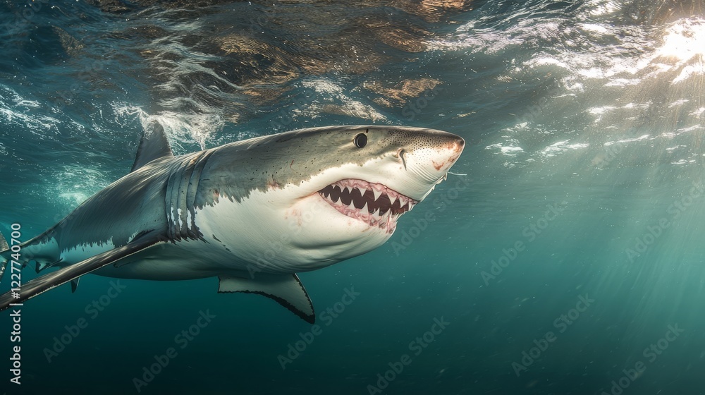 Fototapeta premium Great white shark swims gracefully in clear blue ocean waters