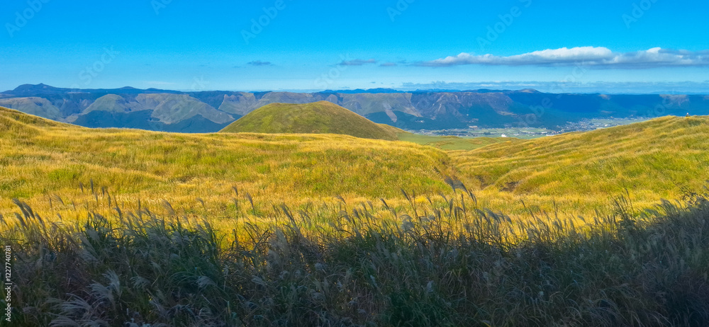 Obraz premium Mount Aso, or Aso Volcano, the largest active volcano in Japan stands in Aso Kuju National Park in Kumamoto Prefecture, Kyushu, Japan
