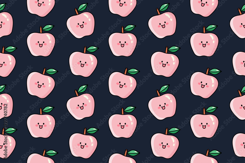 Obraz premium Sweet vector seamless pattern design with cute kawaii apples on dark blue background. Background with apple. Trendy summer background. Kawaii illustration for kids fabric, for children's
