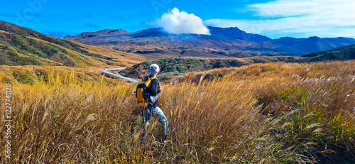 Mount Aso, or Aso Volcano, the largest active volcano in Japan stands in Aso Kuju National Park in Kumamoto Prefecture, Kyushu, Japan