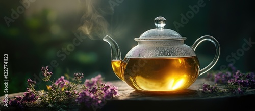 Elegant Glass Teapot with Willowherb Tea Steaming in Soft Light and Natural Backdrop for Text Placement and Design Focus photo