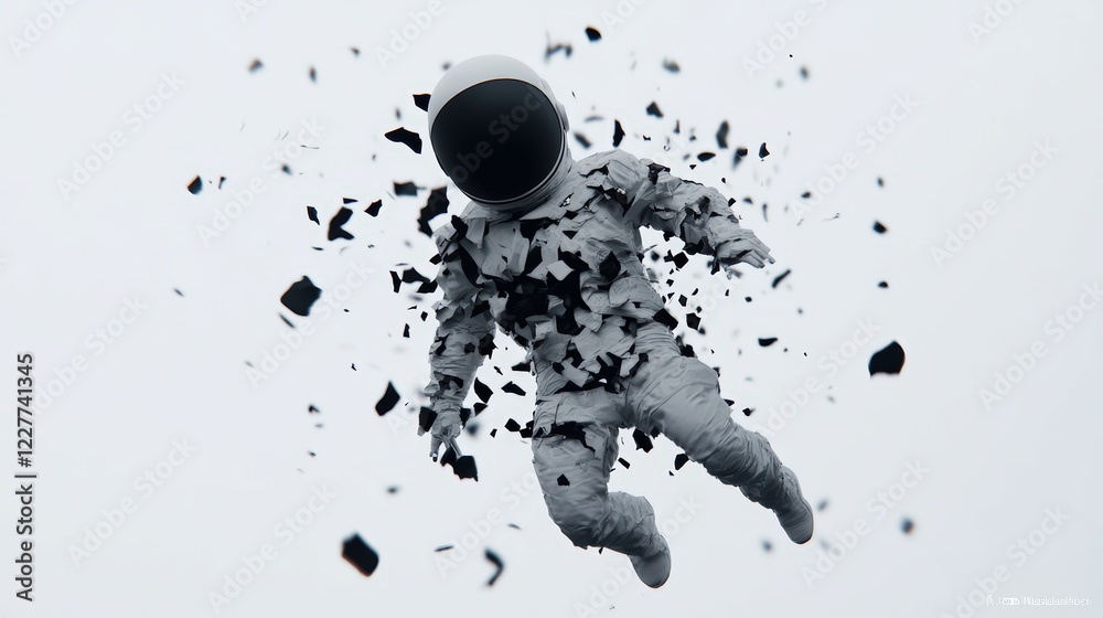 Fototapeta premium Astronaut in Space Surrounded by Fragmented Elements Against a Gray Background