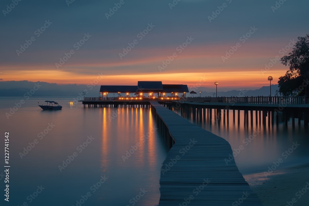 Serene sunset view of a tranquil pier and restaurant over calm waters Serene sunset view of a tranquil pier and restaurant over calm waters