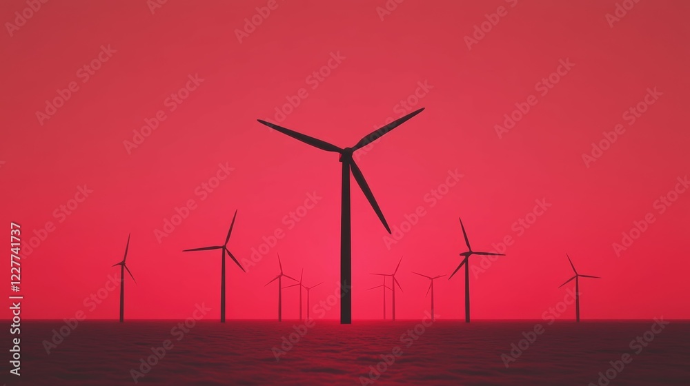 Fototapeta premium Majestic Wind Turbines Silhouetted Against a Vibrant Red Sunset Over Calm Waters