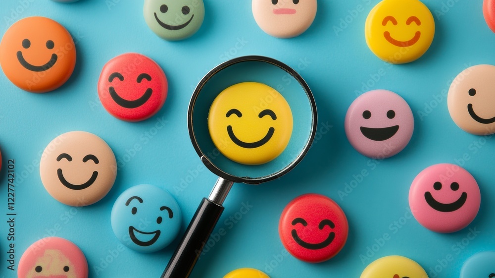 An illustration of a feedback survey for customer satisfaction, featuring a magnifying glass pinpointing a smiley face among various emoticons. An illustration of a feedback survey for customer satisfaction, featuring a magnifying glass pinpointing a smiley face among various emoticons.