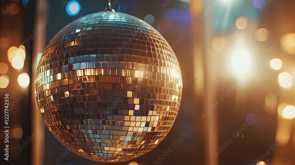 Obraz premium Disco ball close-up with rainbow light reflections, evoking a fun and lively atmosphere for celebrations. --chaos 12 --ar 16:9 --v 6.1 Job ID: 2710a98b-b914-44b8-a635-21d9d71d6914