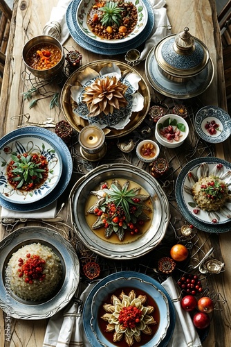 Luxurious Middle Eastern Feast Beautifully Arranged with Vibrant Culinary Presentation photo