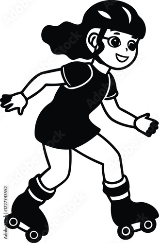 Little girl rollerblading vector illustration, Cute Little girl rollerblading silhouette vector art, Little girl rollerblading line art vector