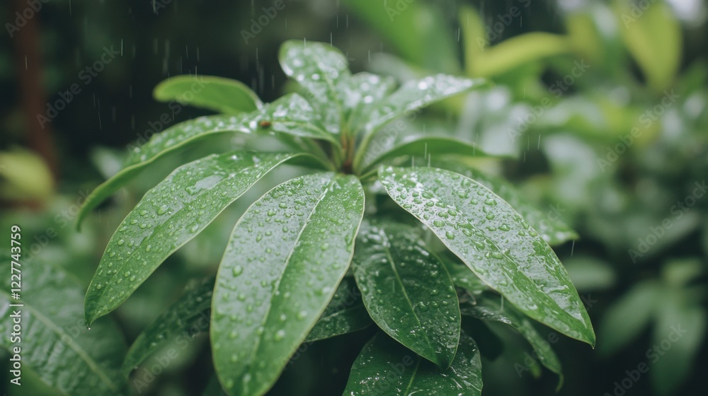 Refreshing rainfall on lush green leaves nature scene close-up view tranquil environment serenity concept Refreshing rainfall on lush green leaves nature scene close-up view tranquil environment serenity concept