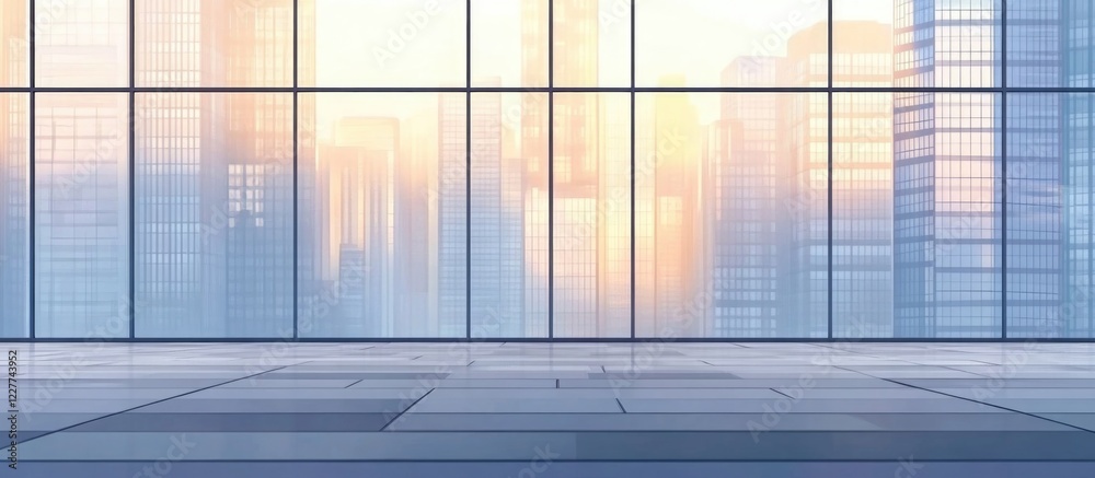 Fototapeta premium Modern Skyscraper Glass Windows with Urban Skyline View and Empty Copy Space for Text or Advertising Use