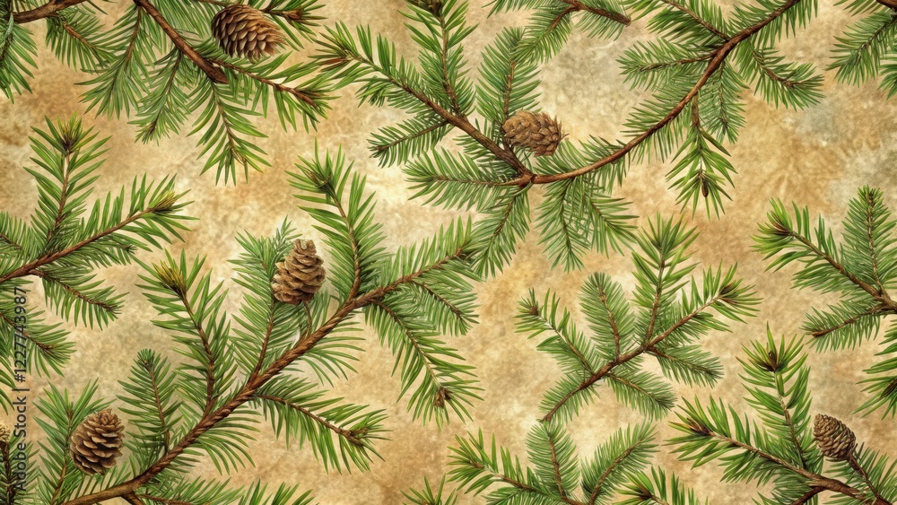 Fototapeta premium Dense coniferous branch pattern on a seamless background with intricate textures and varying shades of green and brown, organic, tree design