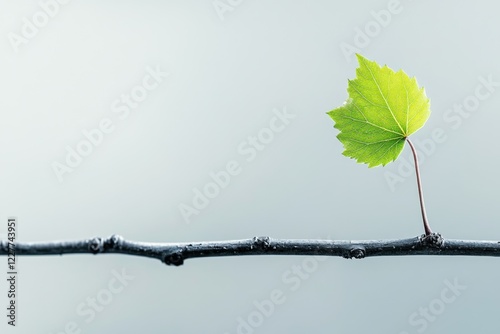 Emerging green leaf on a barren branch symbolizes renewal against a pale sky