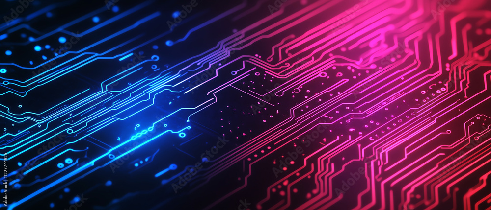 Fototapeta premium Futuristic circuit board with vibrant pink and blue lighting, illustrating digital technology and connectivity.