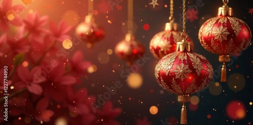 Gold ornament strands suspended freely, strand, hanging, freely
