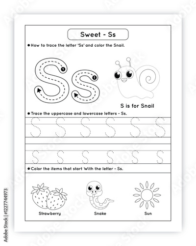 Latter S Tracing Worksheet with Snail, Sun, Strawberry, Simple Line Drawings, Handwriting Practice