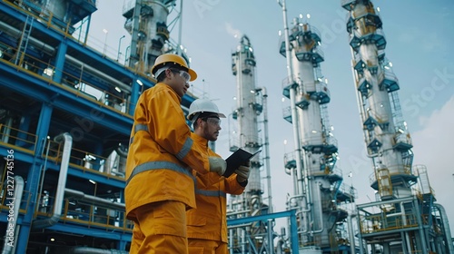 Two workers in safety gear inspecting equipment at an industrial plant under a clear sky