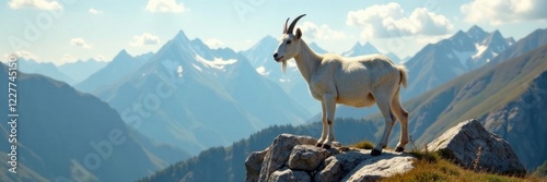 Goat perched on a rocky outcrop , landmark, scenic view, cliff photo