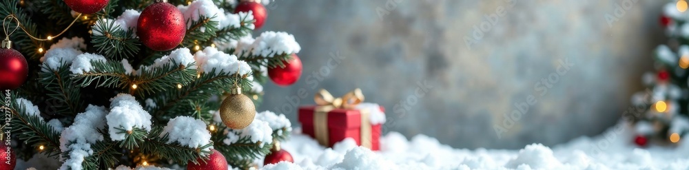 Fototapeta premium Snowy tree with red gold ornaments against textured wall background and empty space, Snowy Tree, Gift Box
