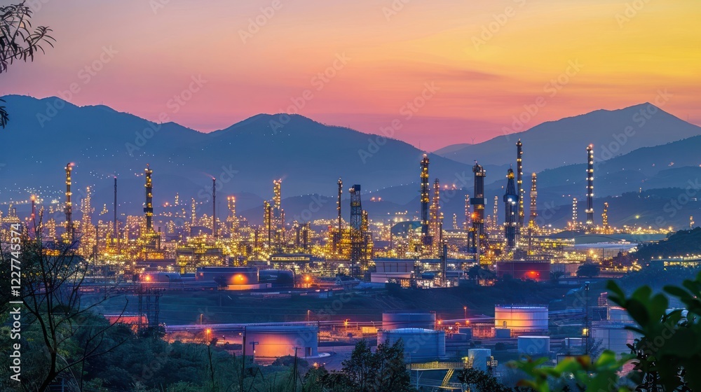 Fototapeta premium Vibrant sunset over an industrial landscape with illuminated refinery structures and mountains