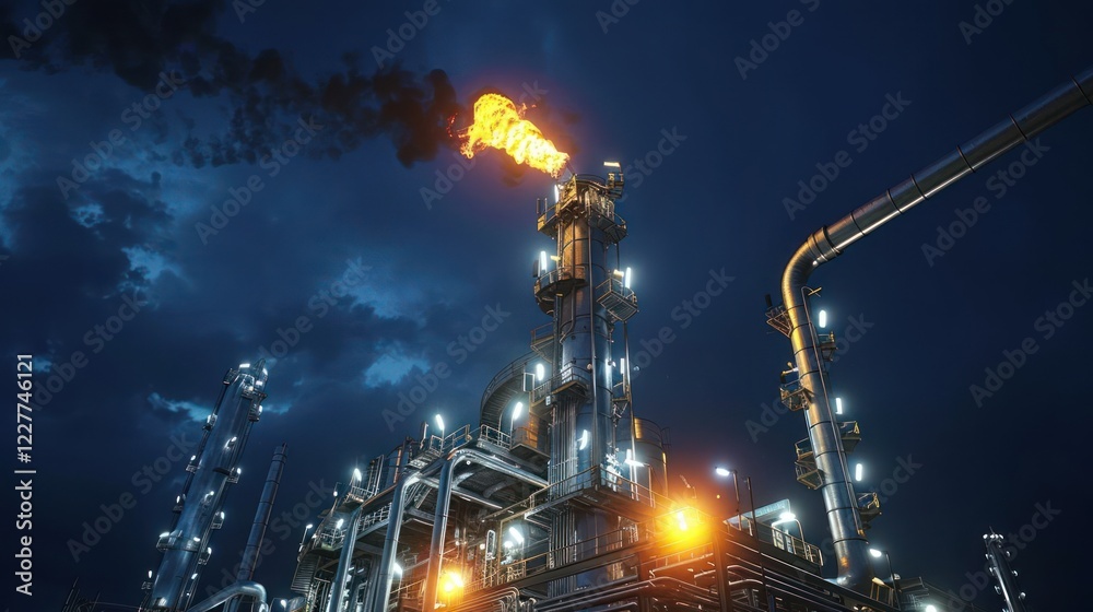 Fototapeta premium Industrial facility at night with flames and smoke against a dramatic sky, showcasing energy production