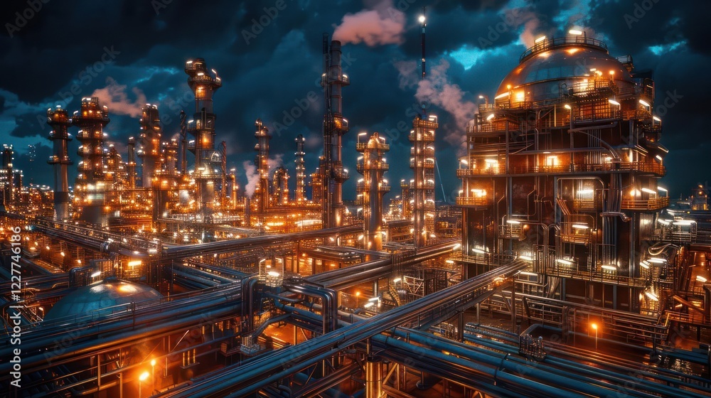 Fototapeta premium Nighttime view of a bustling industrial complex with illuminated structures and smoke