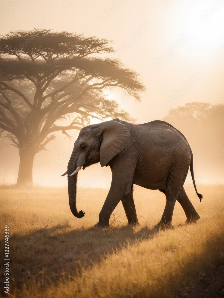 Fototapeta premium Majestic elephant gracefully roams through a serene golden landscape