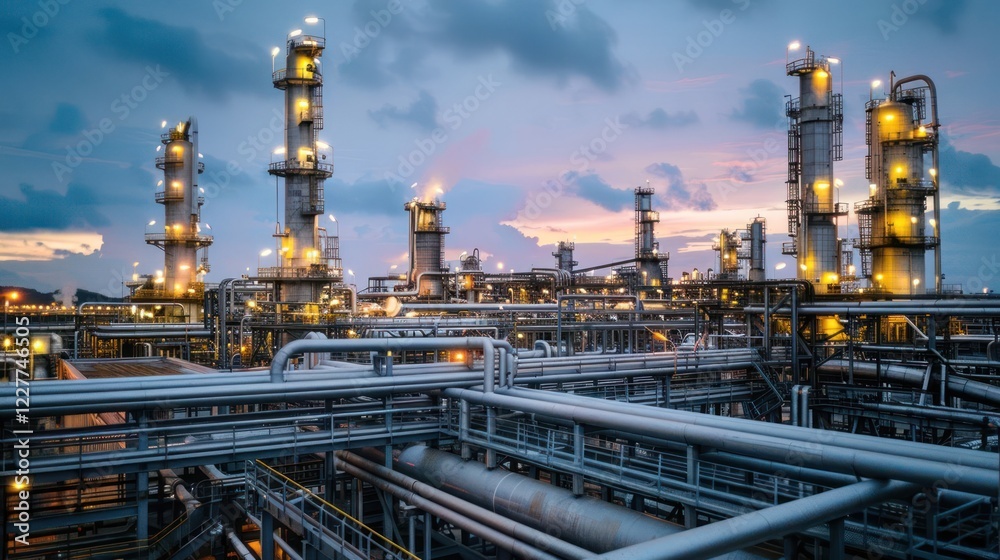 Industrial complex at dusk with illuminated towers and intricate piping against a colorful sky Industrial complex at dusk with illuminated towers and intricate piping against a colorful sky