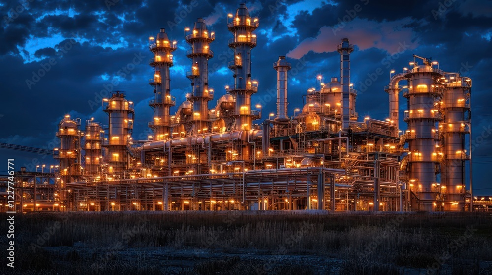 Fototapeta premium Industrial complex illuminated at dusk, showcasing machinery against a dramatic sky