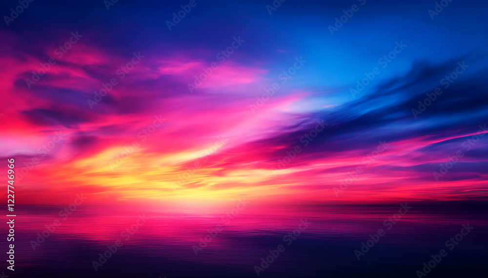 Fototapeta premium Vibrant sunset with colorful clouds over calm sea, creating a stunning and serene natural landscape view.