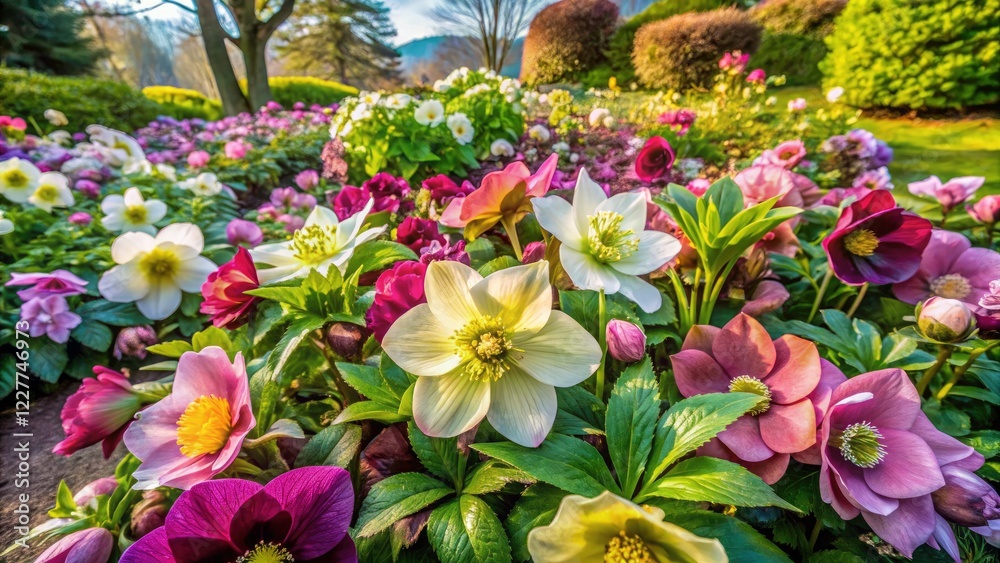 Fototapeta premium Stunning aerial photography showcases a vibrant spring garden bursting with hellebores; a Christrose spectacle.