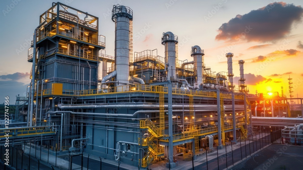 Industrial power plant at sunset with machinery, pipes, and smoke stacks against a vibrant sky Industrial power plant at sunset with machinery, pipes, and smoke stacks against a vibrant sky