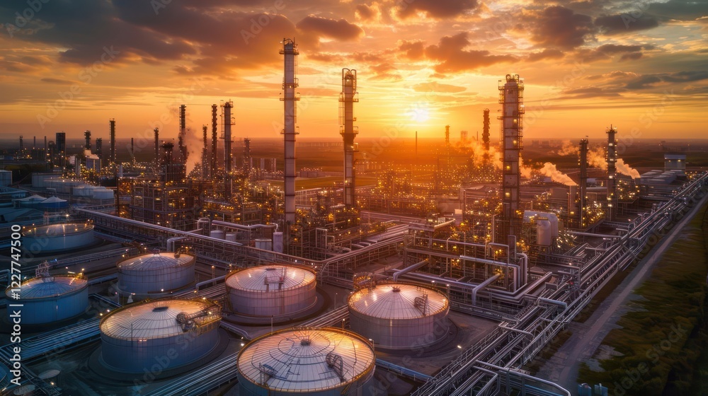 Aerial view of an industrial complex at sunset with smokestacks and storage tanks, showcasing urban development Aerial view of an industrial complex at sunset with smokestacks and storage tanks, showcasing urban development