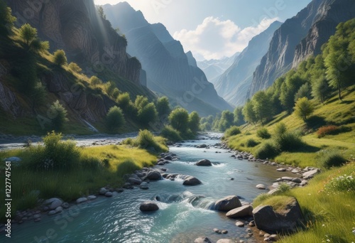 Serene mountain river in the Emanuel Valley Caucasus landscape, emmanuel valley, serene landscape