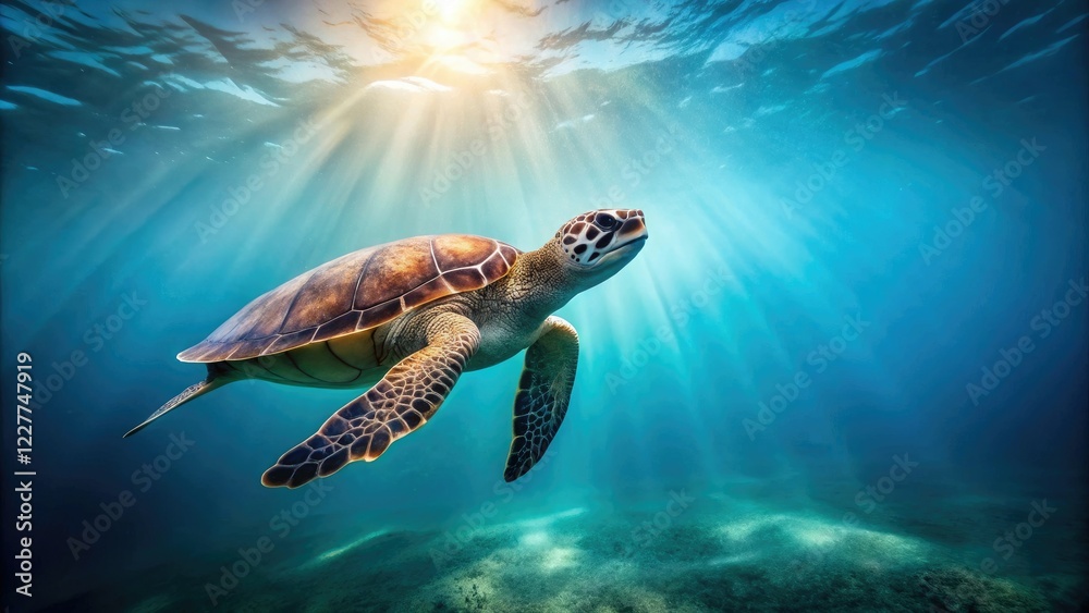 Fototapeta premium Sea turtle swimming in the open ocean on a subtle gradient background, ocean scenery, gentle waves, sea turtle, turquoise blue