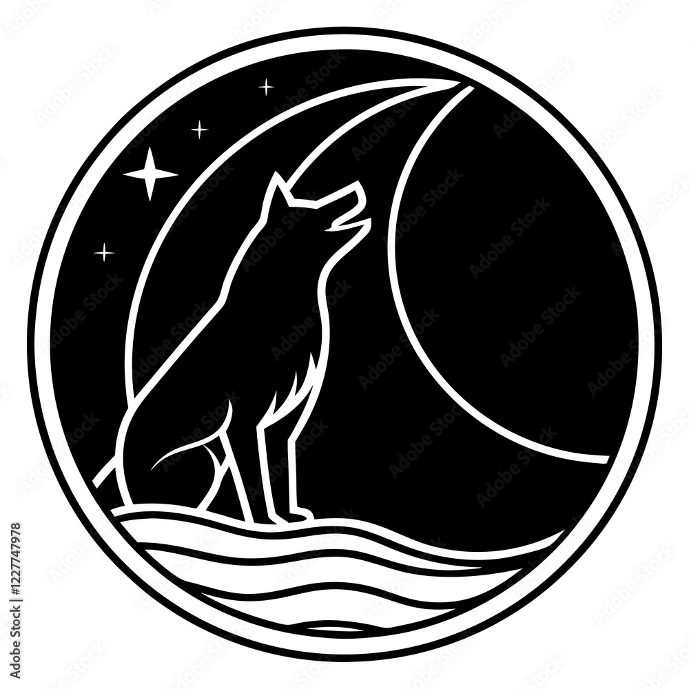 Minimalist Wolf Silhouette Howling at Moon in Circular Logo Design
Minimalist Wolf Silhouette Howling at Moon in Circular Logo Design