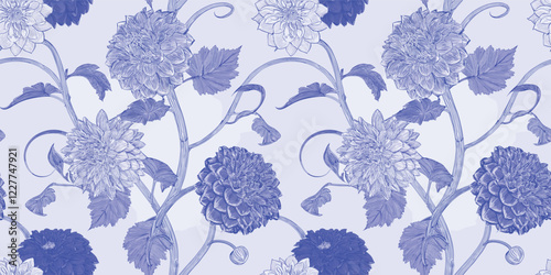 A seamless design featuring richly detailed chrysanthemums, intertwined with delicate vines and muted leaves on a soft background, perfect for decorative and artistic applications.